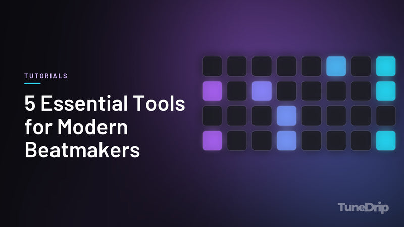 5 Essential Tools for Modern Beatmakers: TuneDrip cover with a grid of lit drum pads on a dark background