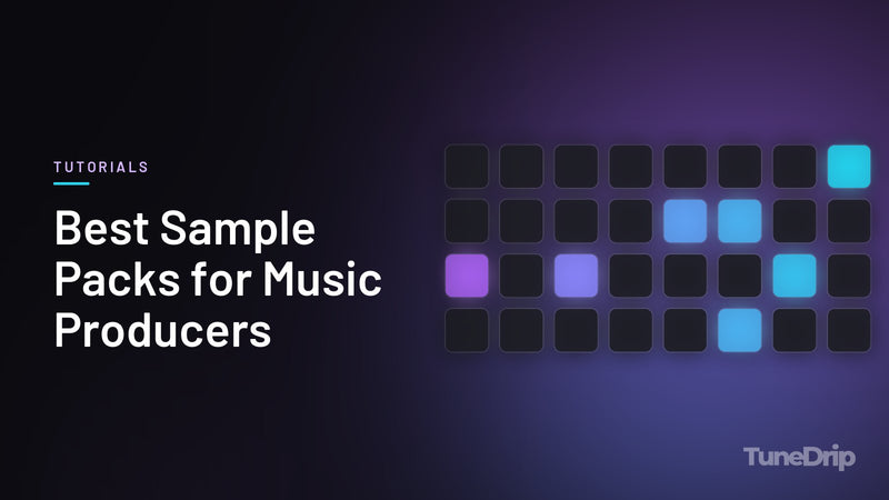 Best Sample Packs for Music Producers: TuneDrip cover with a grid of lit drum pads on a dark background