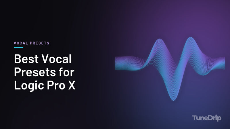 Best Vocal Presets for Logic Pro X: TuneDrip cover with glowing violet-to-cyan waveform lines on a dark background