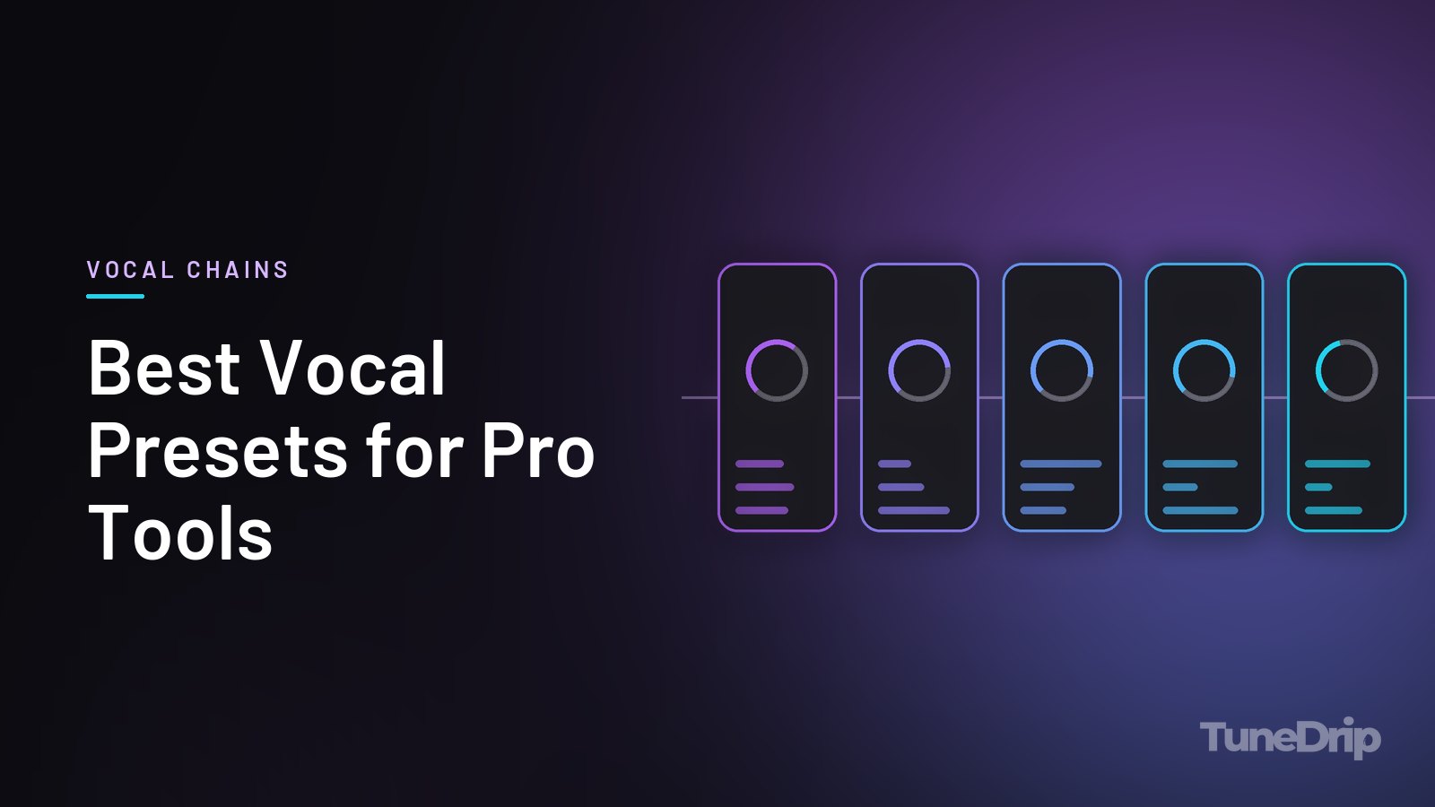 Best Vocal Presets for Pro Tools: TuneDrip cover with a chain of five audio processor modules with lit knobs on a dark background
