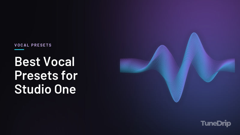 Best Vocal Presets for Studio One: TuneDrip cover with glowing violet-to-cyan waveform lines on a dark background