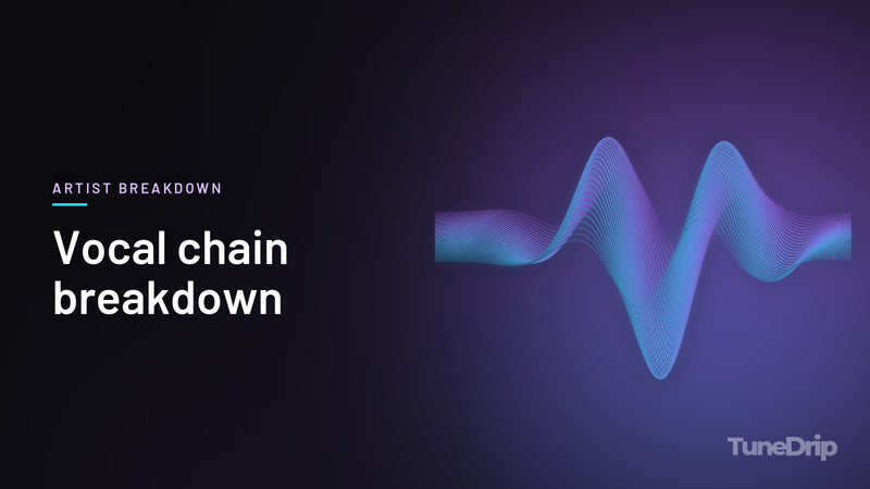 Vocal chain breakdown: TuneDrip cover with glowing violet-to-cyan waveform lines on a dark background