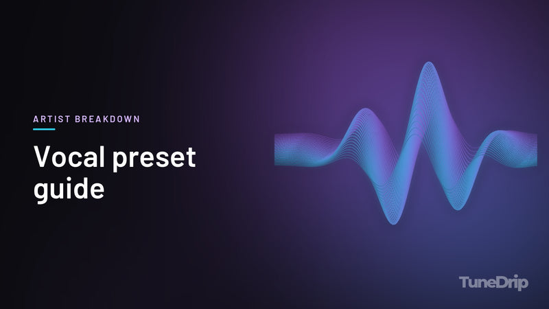 Vocal preset guide: TuneDrip cover with glowing violet-to-cyan waveform lines on a dark background