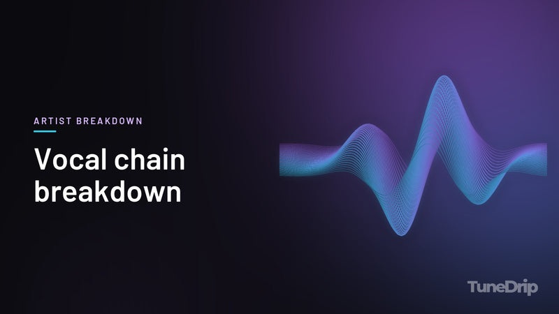Vocal chain breakdown: TuneDrip cover with glowing violet-to-cyan waveform lines on a dark background