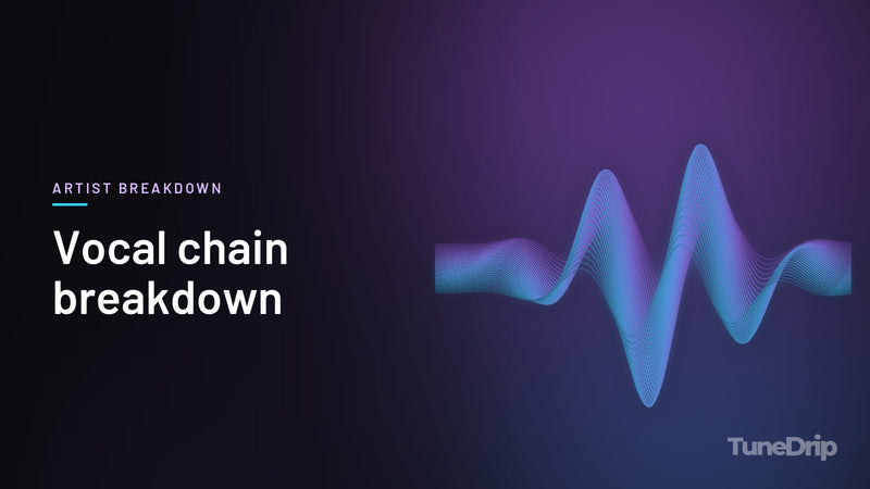 Vocal chain breakdown: TuneDrip cover with glowing violet-to-cyan waveform lines on a dark background