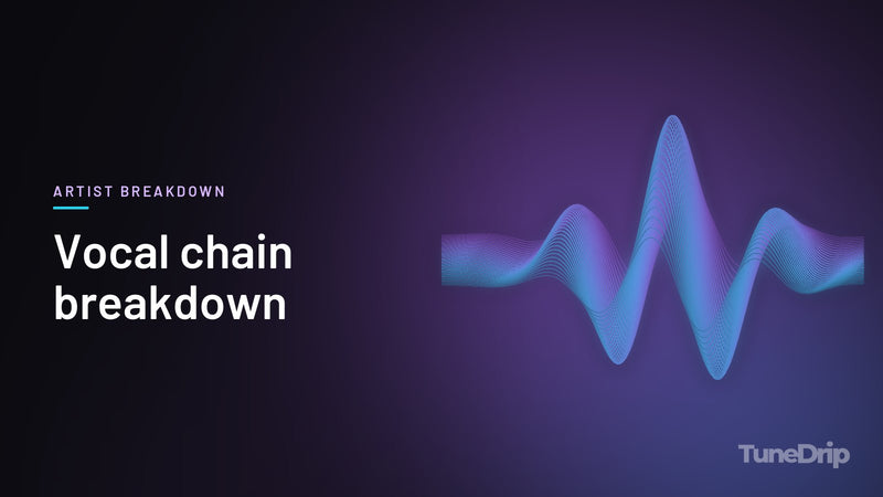 Vocal chain breakdown: TuneDrip cover with glowing violet-to-cyan waveform lines on a dark background