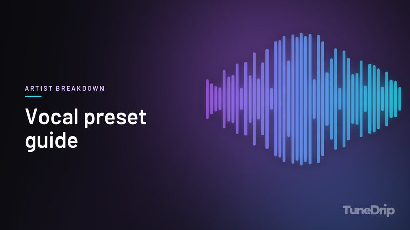 Vocal preset guide: TuneDrip cover with violet-to-cyan spectrum bars on a dark background