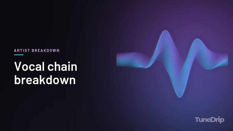 Vocal chain breakdown: TuneDrip cover with glowing violet-to-cyan waveform lines on a dark background