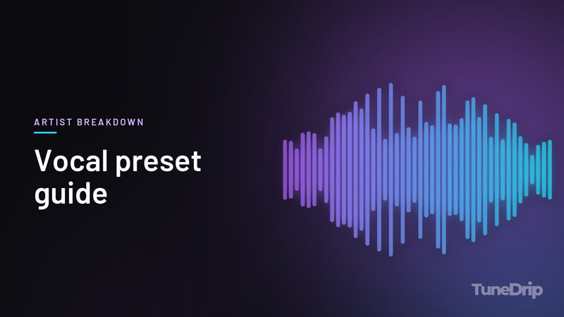 Vocal preset guide: TuneDrip cover with violet-to-cyan spectrum bars on a dark background