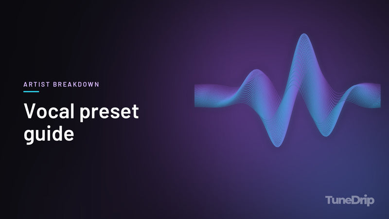 Vocal preset guide: TuneDrip cover with glowing violet-to-cyan waveform lines on a dark background
