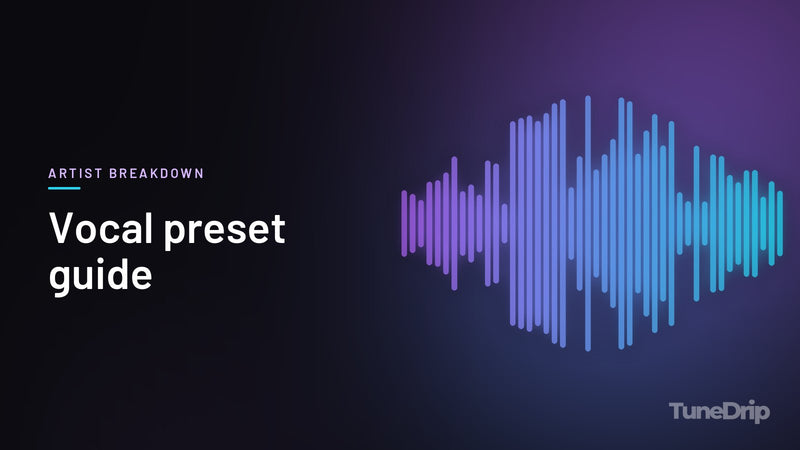 Vocal preset guide: TuneDrip cover with violet-to-cyan spectrum bars on a dark background