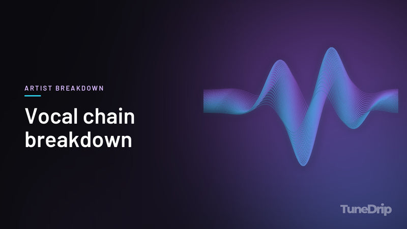 Vocal chain breakdown: TuneDrip cover with glowing violet-to-cyan waveform lines on a dark background
