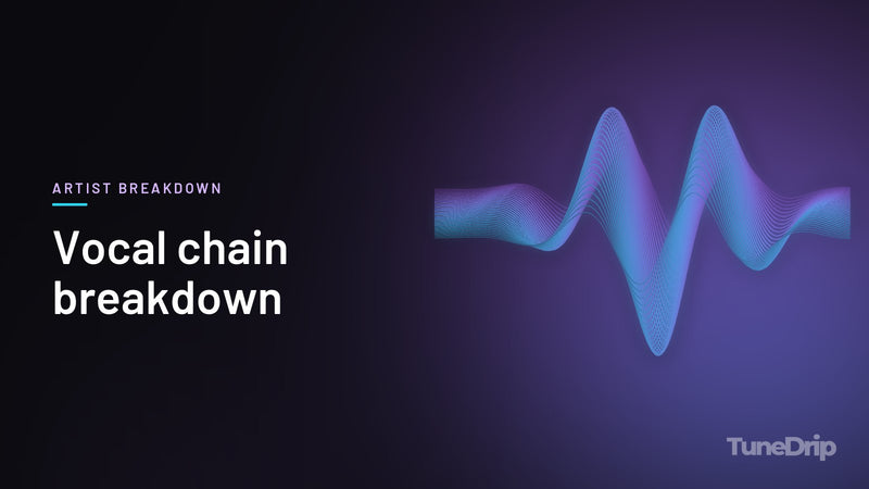 Vocal chain breakdown: TuneDrip cover with glowing violet-to-cyan waveform lines on a dark background
