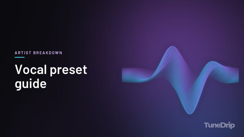 Vocal preset guide: TuneDrip cover with glowing violet-to-cyan waveform lines on a dark background