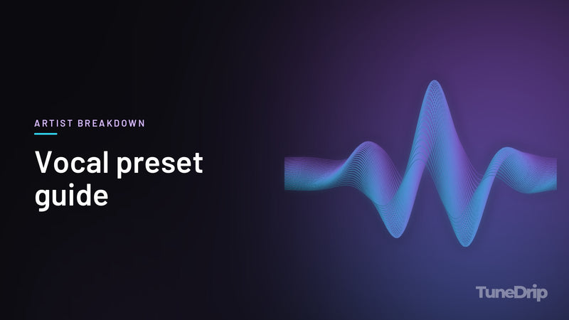 Vocal preset guide: TuneDrip cover with glowing violet-to-cyan waveform lines on a dark background