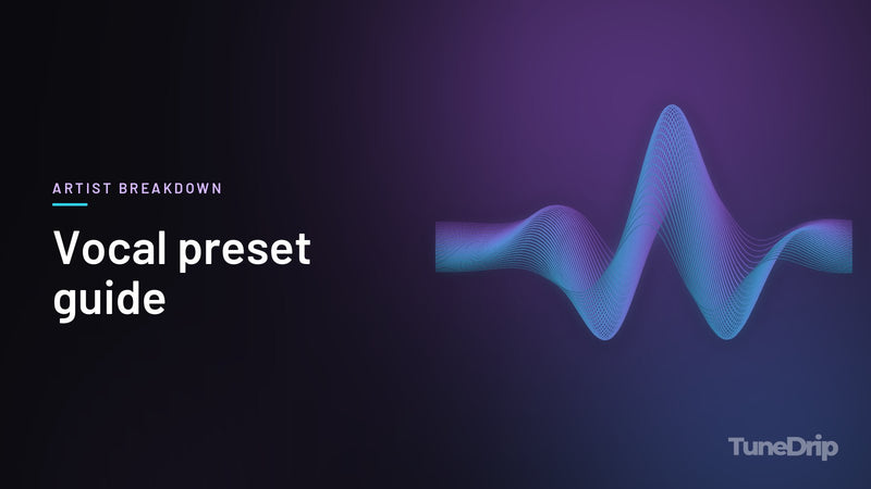 Vocal preset guide: TuneDrip cover with glowing violet-to-cyan waveform lines on a dark background