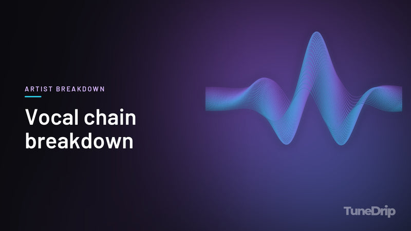 Vocal chain breakdown: TuneDrip cover with glowing violet-to-cyan waveform lines on a dark background