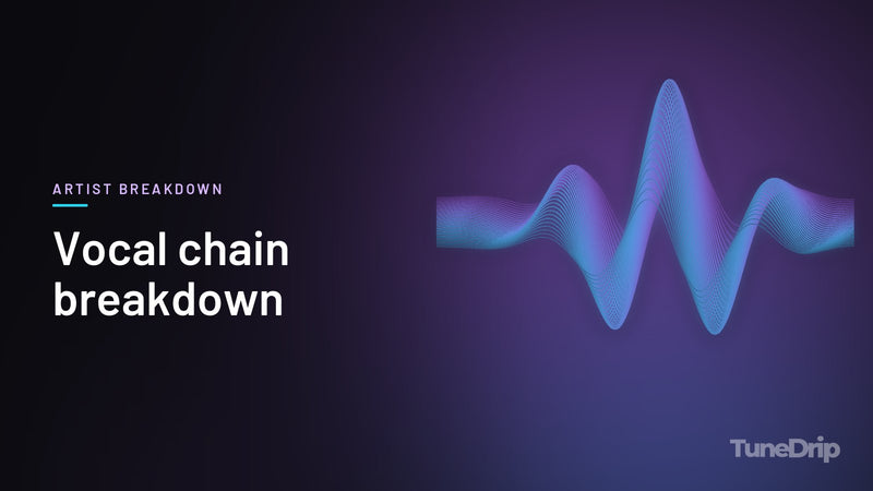 Vocal chain breakdown: TuneDrip cover with glowing violet-to-cyan waveform lines on a dark background