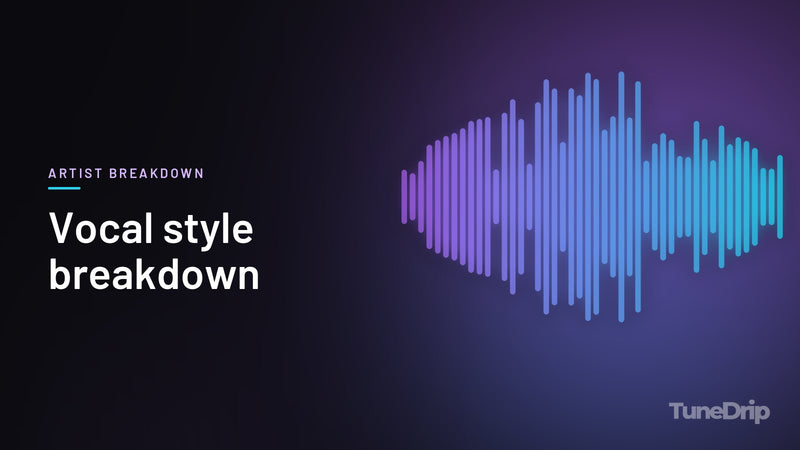 Vocal style breakdown: TuneDrip cover with violet-to-cyan spectrum bars on a dark background