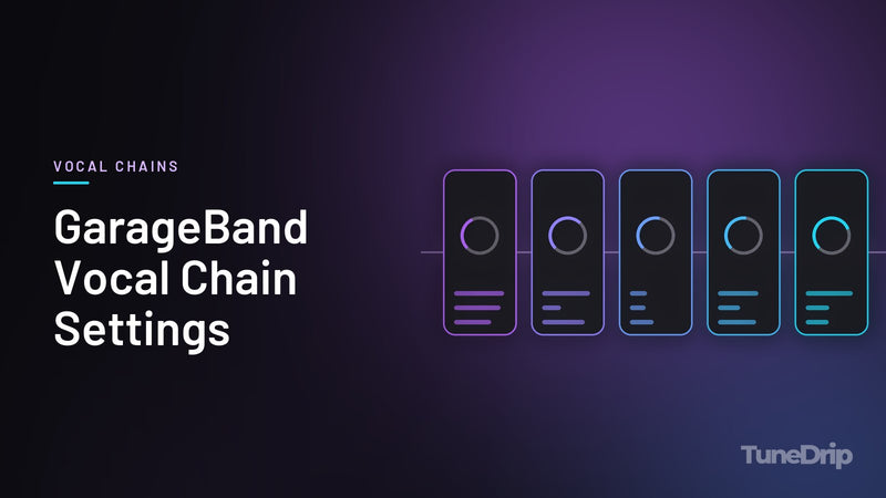 GarageBand Vocal Chain Settings: TuneDrip cover with a chain of five audio processor modules with lit knobs on a dark background