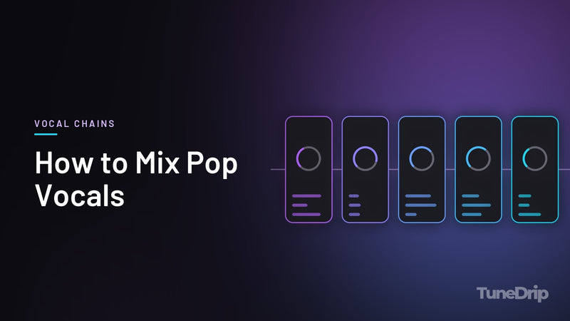 How to Mix Pop Vocals: TuneDrip cover with a chain of five audio processor modules with lit knobs on a dark background
