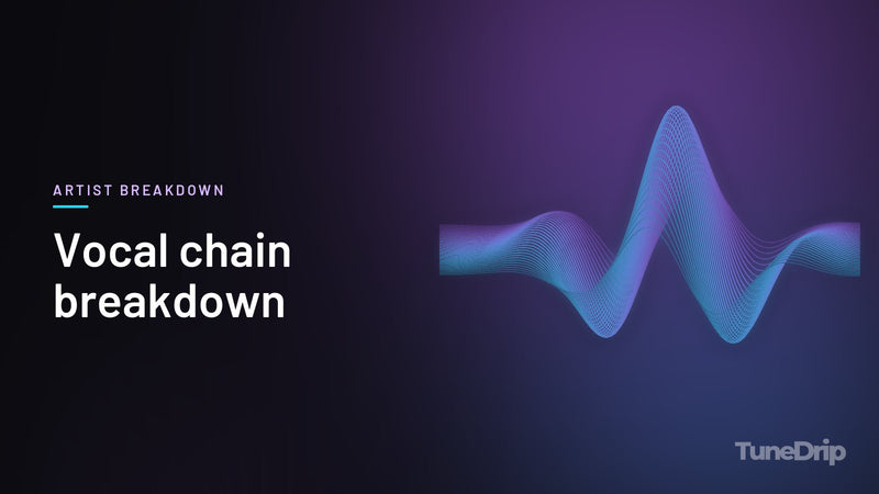 Vocal chain breakdown: TuneDrip cover with glowing violet-to-cyan waveform lines on a dark background