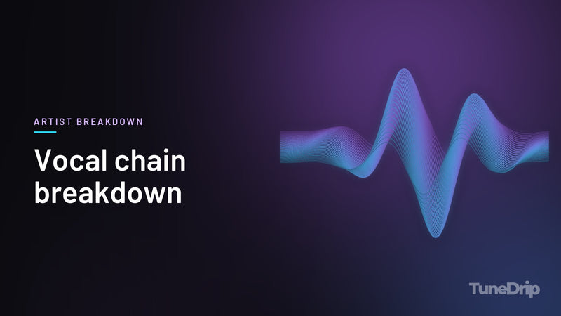 Vocal chain breakdown: TuneDrip cover with glowing violet-to-cyan waveform lines on a dark background