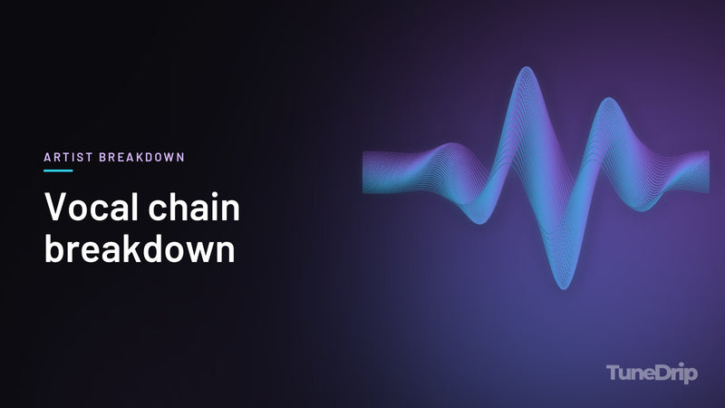 Vocal chain breakdown: TuneDrip cover with glowing violet-to-cyan waveform lines on a dark background