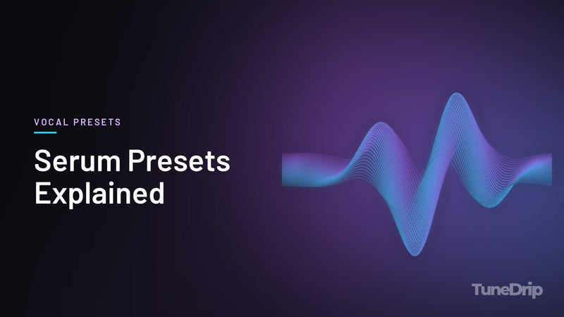 Serum Presets Explained: TuneDrip cover with glowing violet-to-cyan waveform lines on a dark background