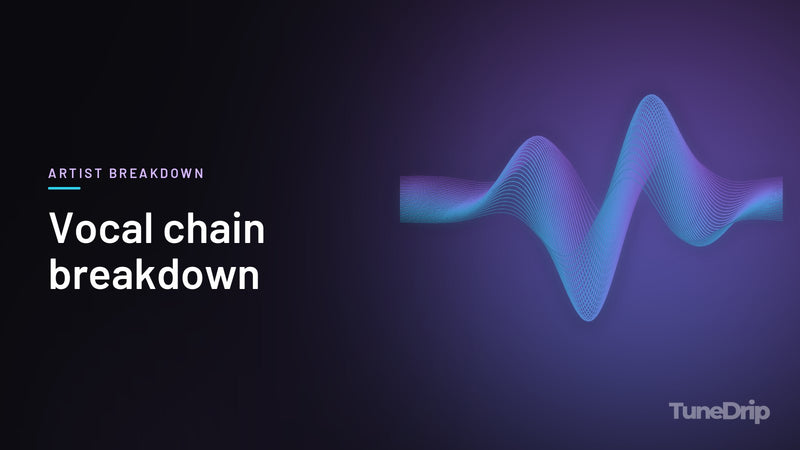 Vocal chain breakdown: TuneDrip cover with glowing violet-to-cyan waveform lines on a dark background