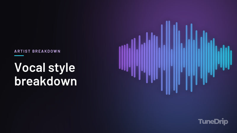Vocal style breakdown: TuneDrip cover with violet-to-cyan spectrum bars on a dark background