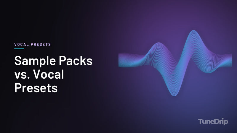 Sample Packs vs. Vocal Presets: TuneDrip cover with glowing violet-to-cyan waveform lines on a dark background