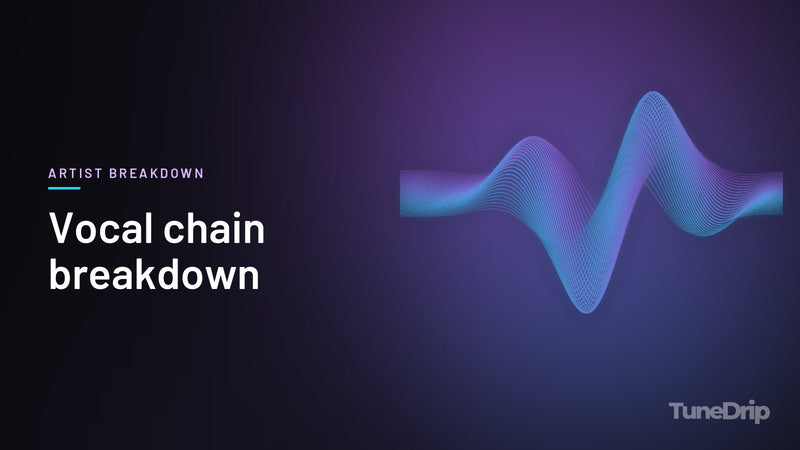 Vocal chain breakdown: TuneDrip cover with glowing violet-to-cyan waveform lines on a dark background
