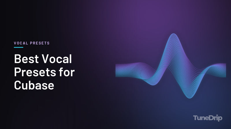 Best Vocal Presets for Cubase: TuneDrip cover with glowing violet-to-cyan waveform lines on a dark background
