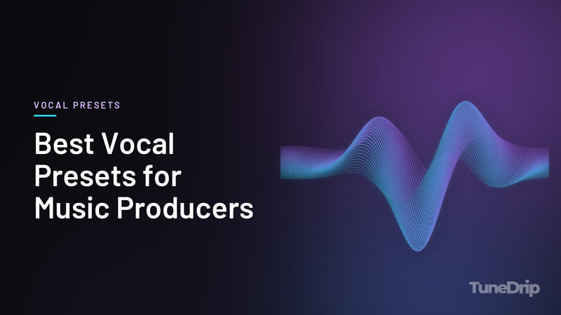 Best Vocal Presets for Music Producers: TuneDrip cover with glowing violet-to-cyan waveform lines on a dark background