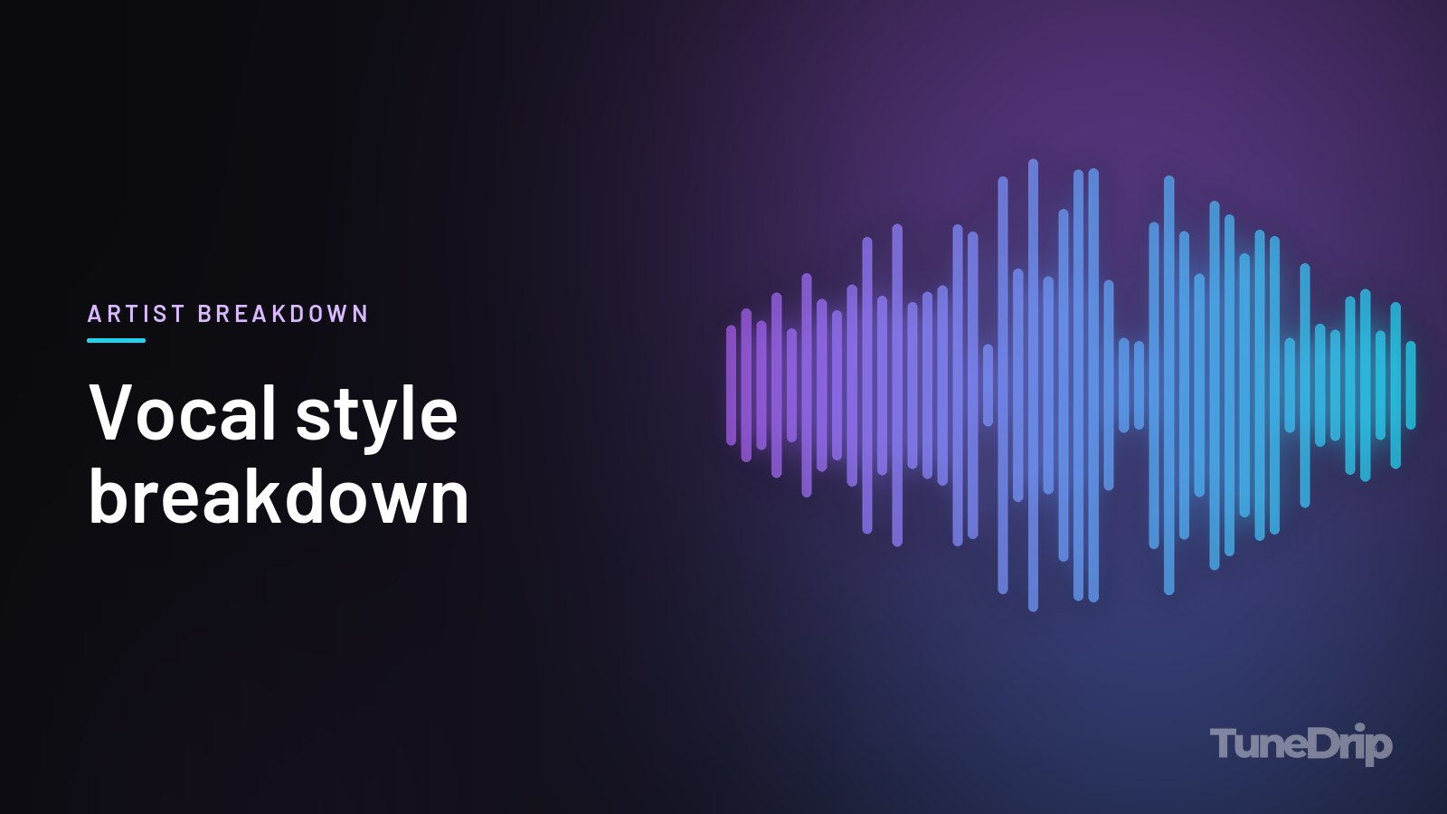 Vocal style breakdown: TuneDrip cover with violet-to-cyan spectrum bars on a dark background