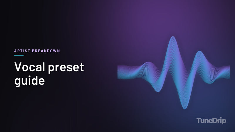 Vocal preset guide: TuneDrip cover with glowing violet-to-cyan waveform lines on a dark background
