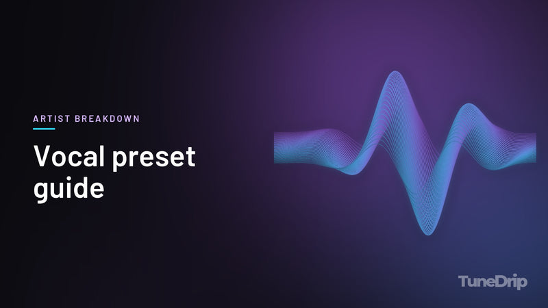 Vocal preset guide: TuneDrip cover with glowing violet-to-cyan waveform lines on a dark background