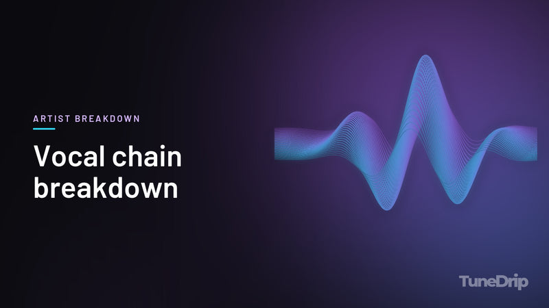 Vocal chain breakdown: TuneDrip cover with glowing violet-to-cyan waveform lines on a dark background