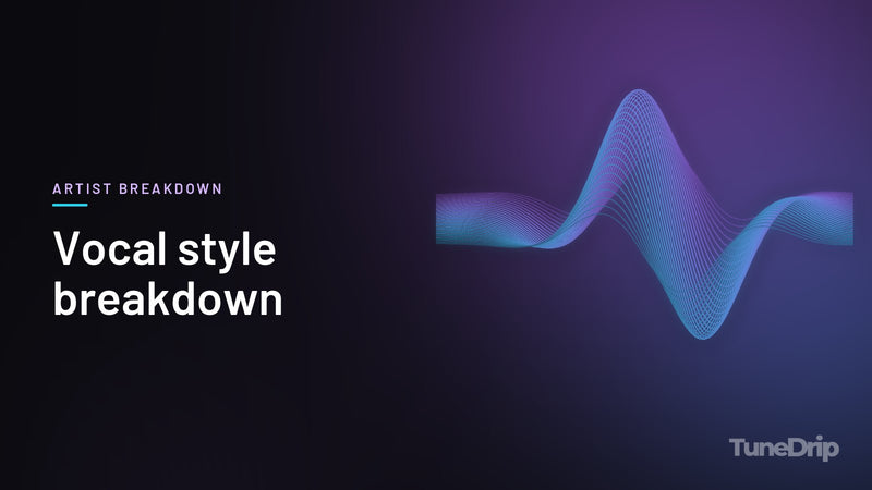 Vocal style breakdown: TuneDrip cover with glowing violet-to-cyan waveform lines on a dark background