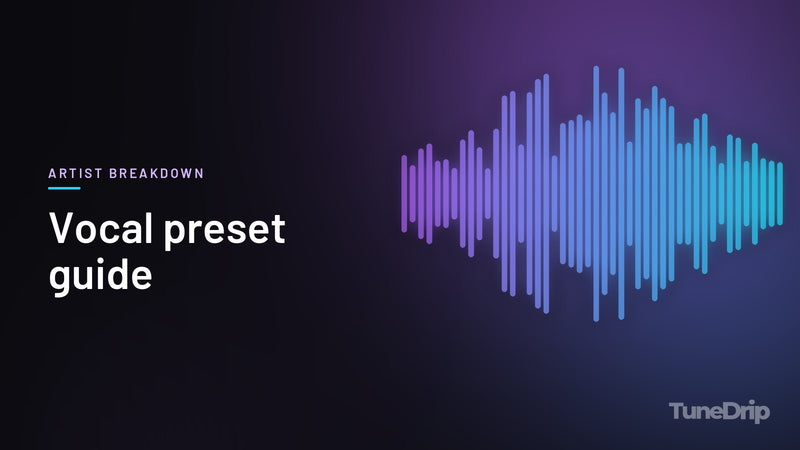 Vocal preset guide: TuneDrip cover with violet-to-cyan spectrum bars on a dark background