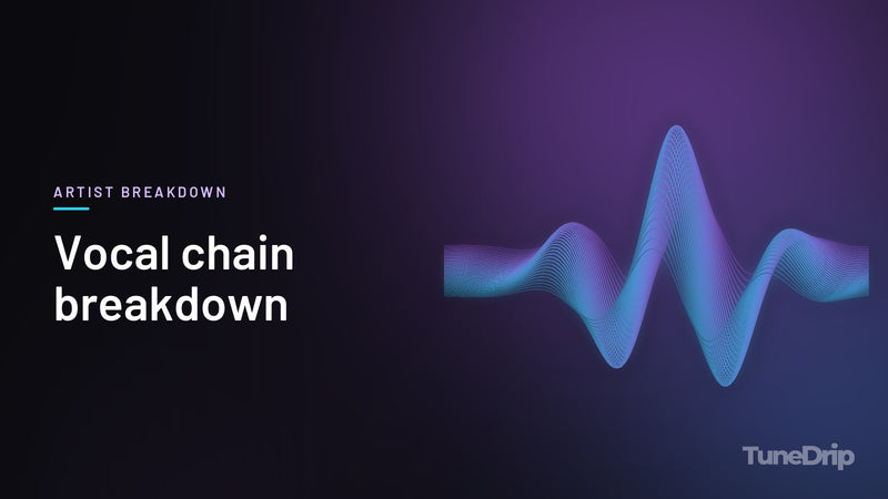 Vocal chain breakdown: TuneDrip cover with glowing violet-to-cyan waveform lines on a dark background