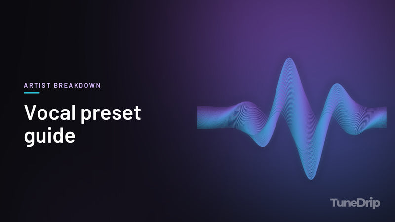 Vocal preset guide: TuneDrip cover with glowing violet-to-cyan waveform lines on a dark background