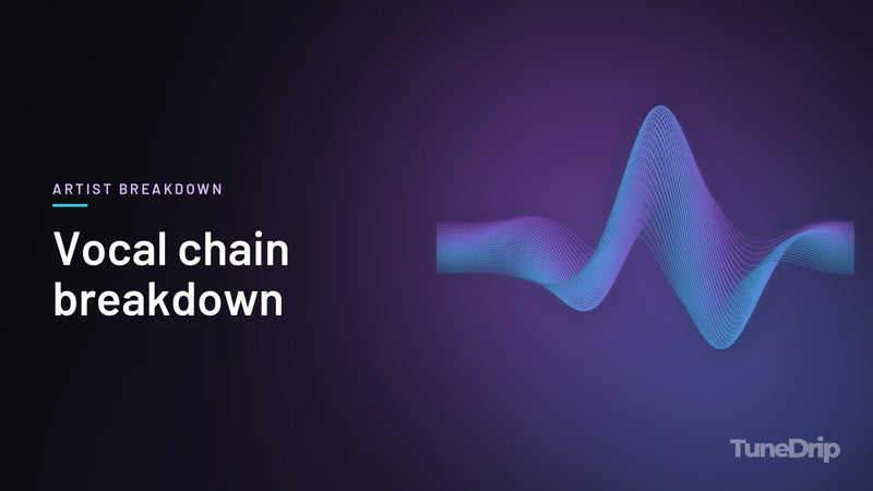 Vocal chain breakdown: TuneDrip cover with glowing violet-to-cyan waveform lines on a dark background