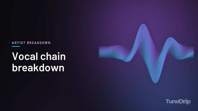 Vocal chain breakdown: TuneDrip cover with glowing violet-to-cyan waveform lines on a dark background