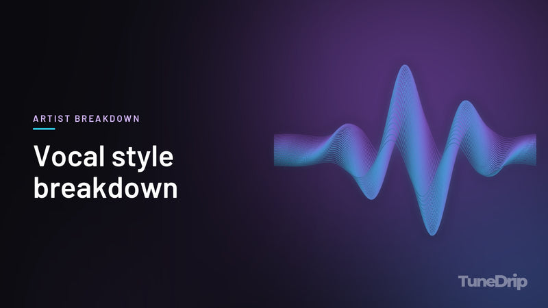 Vocal style breakdown: TuneDrip cover with glowing violet-to-cyan waveform lines on a dark background