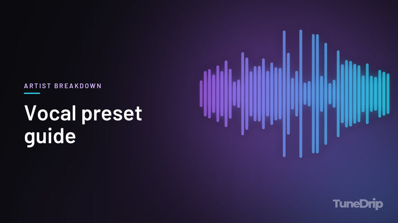 Vocal preset guide: TuneDrip cover with violet-to-cyan spectrum bars on a dark background