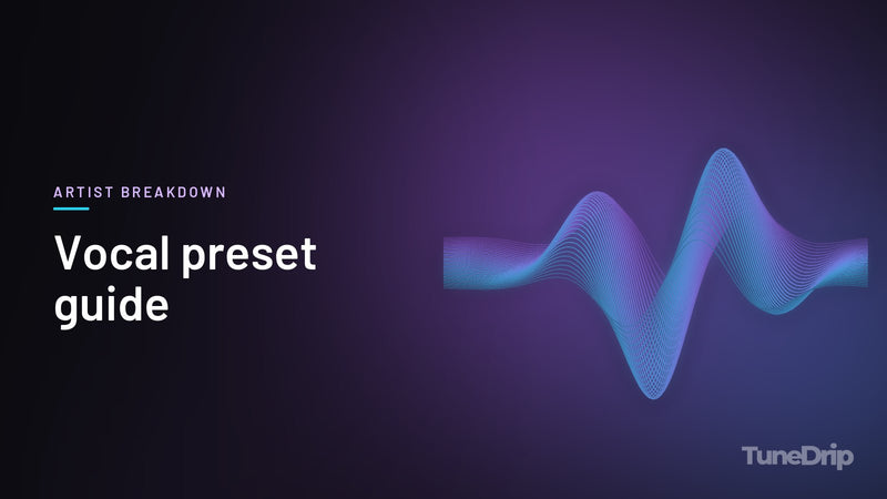 Vocal preset guide: TuneDrip cover with glowing violet-to-cyan waveform lines on a dark background