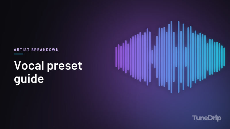 Vocal preset guide: TuneDrip cover with violet-to-cyan spectrum bars on a dark background