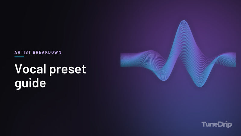 Vocal preset guide: TuneDrip cover with glowing violet-to-cyan waveform lines on a dark background